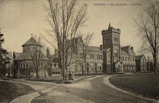 Black and white photo postcard (now sepia-toned) depicting the south-west facade of University …