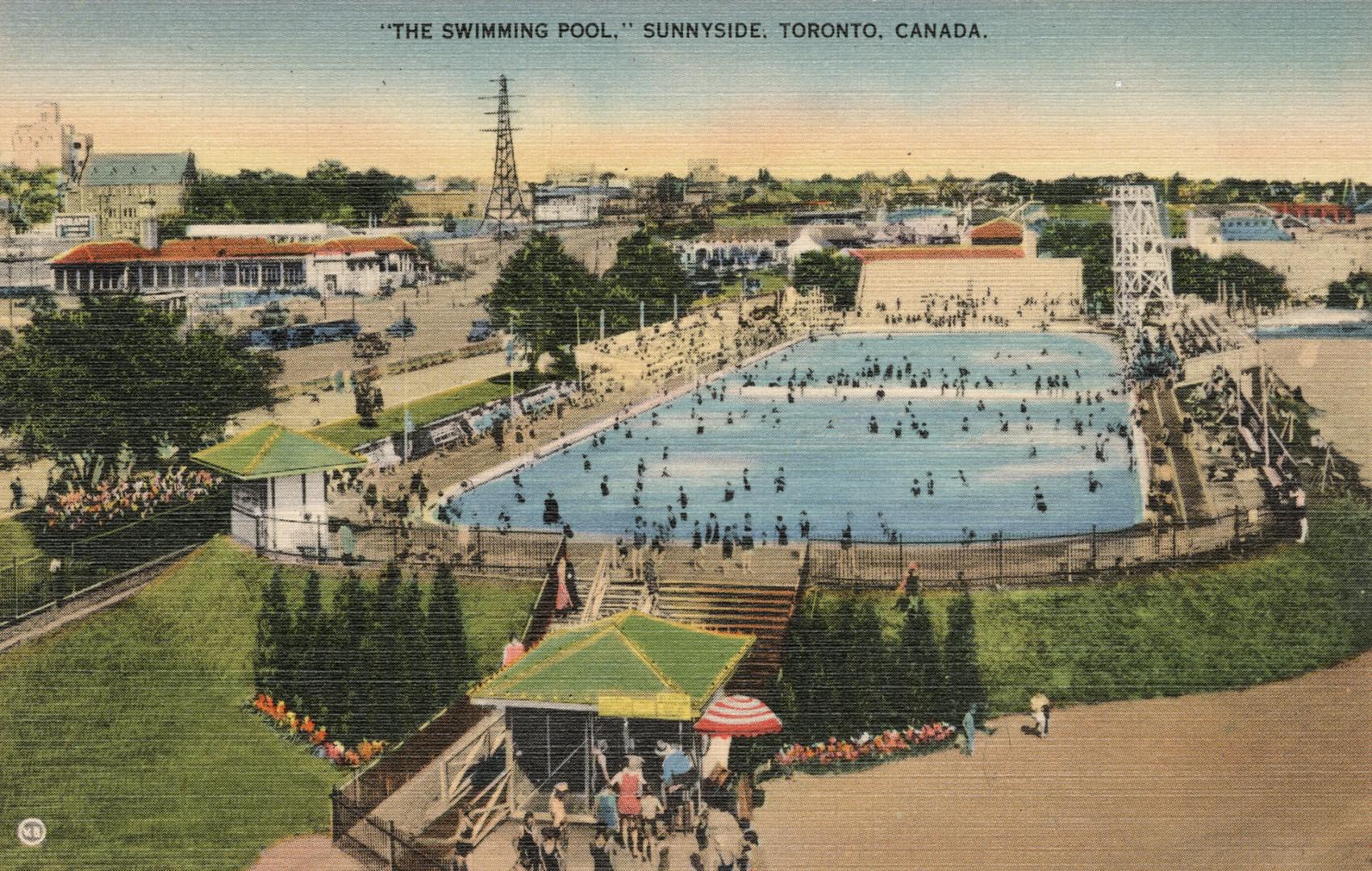 Colorized photograph of many people swimming in a huge public pool surrounded by a beach.