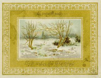 A wintery scene is depicted with snow, bushes, two bare trees, and the silhouettes of buildings…