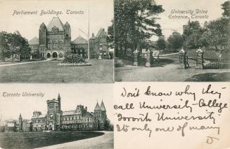 Black and white photo postcard depicting a montage of three photos: Parliament Buildings, Toron…