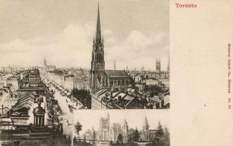 Sepia-toned photo postcard depicting a raised view of King Street looking west from approximate…