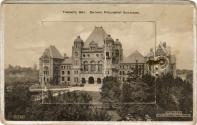 Sepia-toned photo postcard containing an inset photo montage of various Toronto buildings and a…