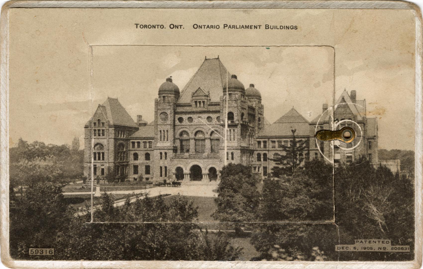 Sepia-toned photo postcard containing an inset photo montage of various Toronto buildings and a…