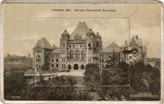 Sepia-toned photo postcard containing an inset photo montage of various Toronto buildings and a…