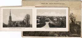 Sepia-toned photo postcard containing an inset photo montage of various Toronto buildings and a…