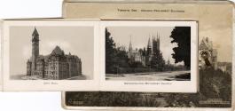 Sepia-toned photo postcard containing an inset photo montage of various Toronto buildings and a…