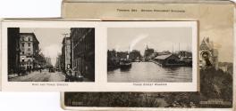 Sepia-toned photo postcard containing an inset photo montage of various Toronto buildings and a…