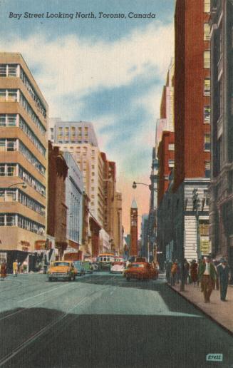 Colorized photograph of a city street with tall office buildings and skyscrapers on either side…