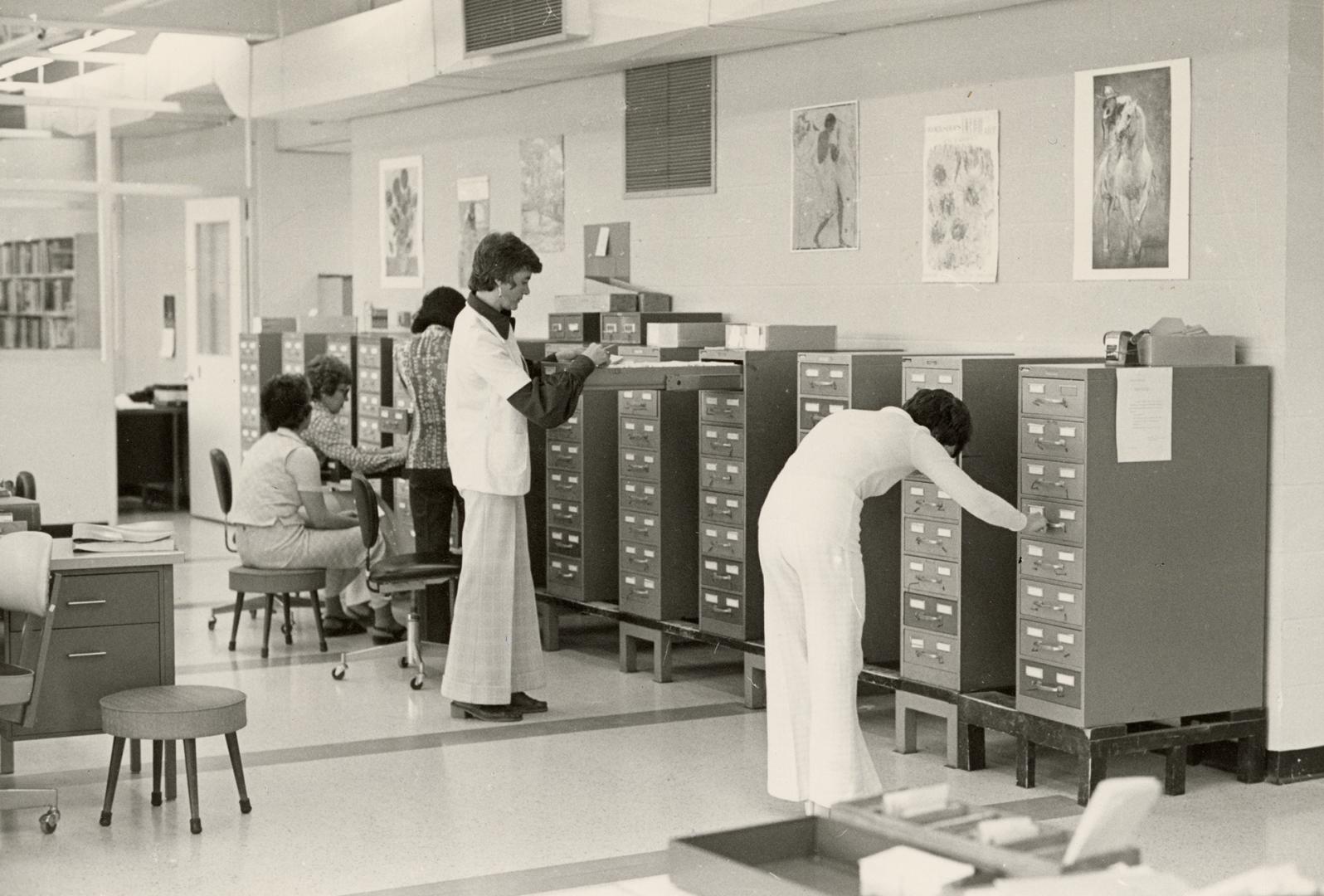 Picture of library staff working at library catalogues. 