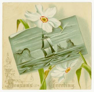 A beige card adorned by two white flowers and an image at the centre showing a sail boat on the…