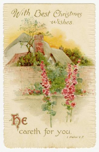 A card with pink flowers in the foreground and a country house and trees nestled behind an ivy …