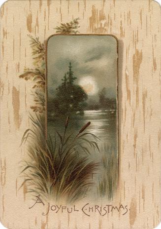 A beige card. At it's centre is an image of a lake or pond illuminated by a glowing moon. The i…