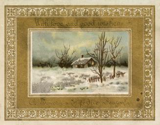 A snowy field is shown along with a few barren trees and a cosy looking house in the distance. …