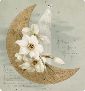 The card pictures white flowers nestled in a golden crescent moon. Silver stars decorate a ligh…