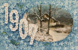 Blue flowered card with winter scene in oval shape and 1907 in white flowers. 