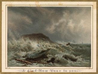 The bulk of the card contains the reproduction of a painting of turbulent seas. Waves swirl aro…