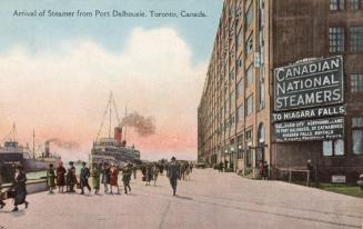 Colour postcard depicting an illustration of the Toronto harbour with pedestrians alongside and…