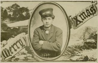 Black and white photograph of a man in a uniform surrounded by the West and East coasts of Cana…