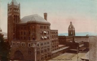 Colour postcard depicting a raised exterior view of Union Station with the lake visible in the …