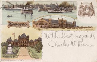 Colour postcard depicting three areas of Toronto- the Armouries, the Ontario Parliament Buildin…