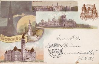 Colour postcard depicting four areas of Toronto- Trinity College, Volunteers Monument, Court Ho…