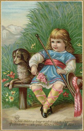 A boy dressed in bright blue clothes and pink ribbons sits on a bench next to a brown dog. In t…