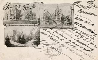 Black and white postcard depicting three inset illustrations of prominent buildings in Toronto,…