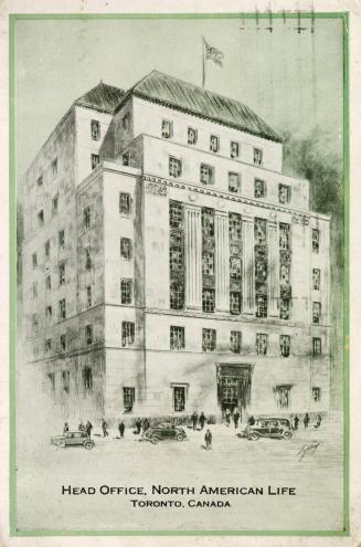 Green-toned postcard depicting an illustration of a large building with a flag at the top, a fe…