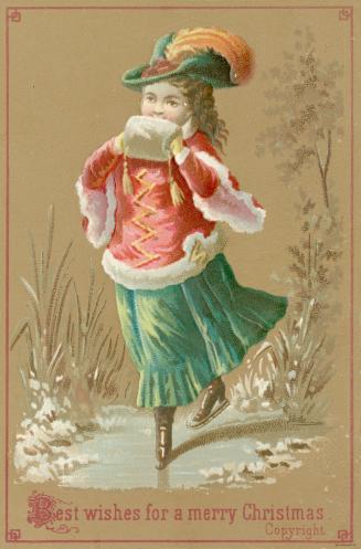 A girl in old-fashioned clothes is pictured ice skating on a frozen pond.