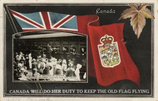 A large flag with the Union Jack and coat of arms of Canada. A photograph of civilians waving g…