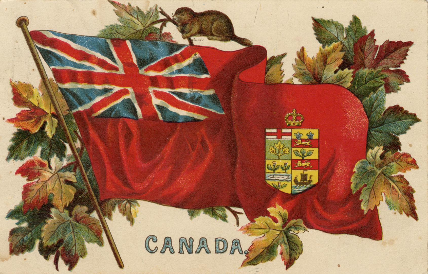 A red flag with a Union Jack and Canadian Coat of Arms.