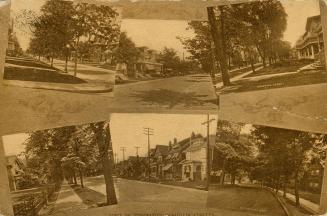 Sepia-toned photo postcard depicting a montage of six different residential streets in Toronto …