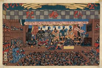 Japanese print of scene from the Kabuki play "Revenge of the Soga Brothers" with view of stage …