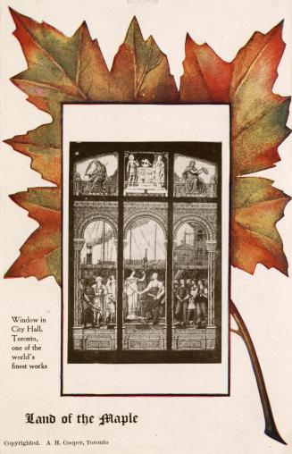 Black and white photograph of a six paned stained glass window, superimposed on a red maple lea…