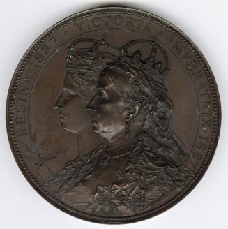 Bronze medal.(obverse) Conjoined profile busts of Queen Victoria, crowned, representing her acc…