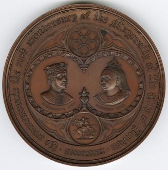 Bronze medal.(obverse) Busts crowned and draped of Richard I 1180 and Victoria 1889, facing tow…