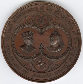 Bronze medal.(obverse) Busts crowned and draped of Richard I 1180 and Victoria 1889, facing tow…