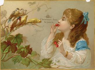 Pictured is a girl in a white dress with a bright blue bow in her hair. She is eating cherries …