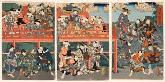 Japanese print of actors depicting various roles viewing cherry blossoms at Kiyomizu Temple (po…