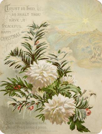 The foreground pictures two large white flowers amidst green leaves and red berries. A faintly …