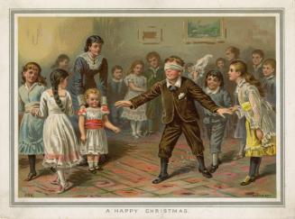 The card pictures what appears to be a children's party. Everyone is dressed in old-fashioned c…