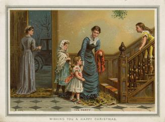 A large foyer is pictured. A woman holds the front door open and another woman and two girls wa…