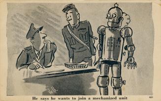 Black and white drawing of a robot standing beside a soldier who is talking to his superior sit…