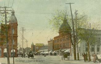 Colour photo postcard depicting College Street looking west from Spadina Avenue. Horse-drawn ca…