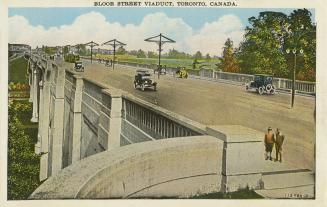 Colour postcard depicting a view across the Bloor Street bridge east of Parliament. The caption…