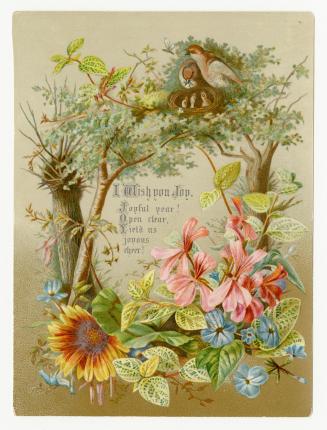 At its centre the card contains a short verse. This is framed by colourful foliage including tr…