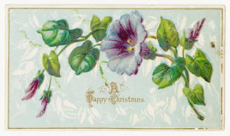 The card pictures a purple flower, three flower buds, and foliage against a light blue backgrou…