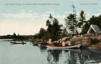 Colorized photograph of people in boats in water by a rocky shore. There are tents pitched on t…