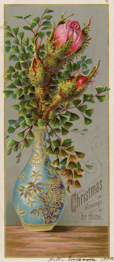 The card pictures a blue vase with golden leaves and patterns painted on it. In it are the buds…