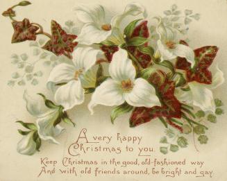 The card pictures white trillium flowers, green leaves and red ivy. The background is light bei…